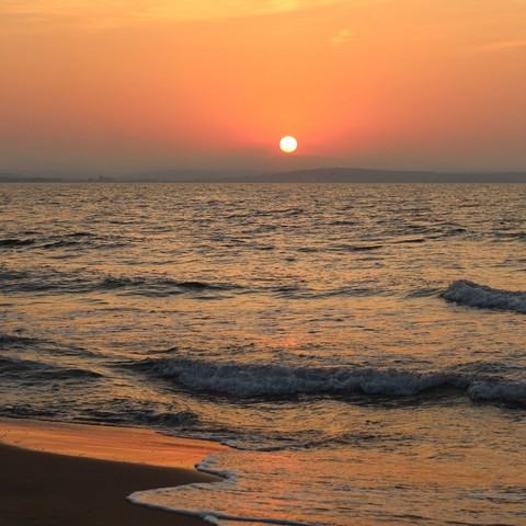 夕阳下的海岸与浪花